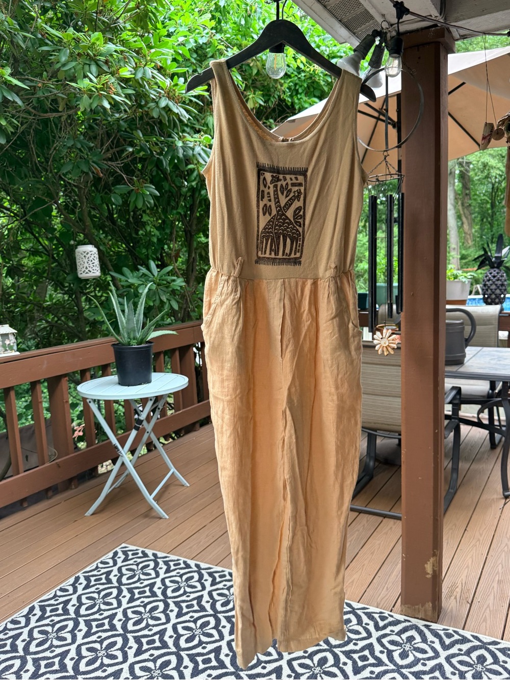 Sleeveless Tan Printed-Bodice Jumpsuit